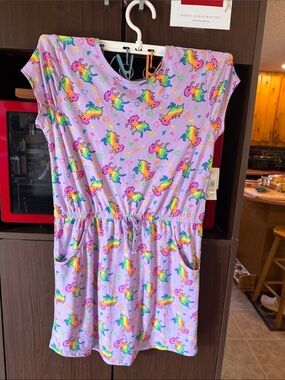 Kids Lavender Unicorn Print Casual Dress with Elastic Waistband